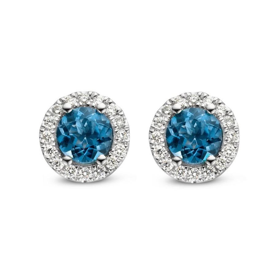 Oorbellen Excellent Jewelry | Oorstekers Witgoud Briljant+London Blue Topaz