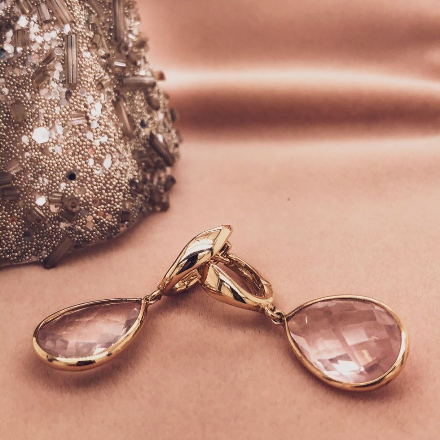 Oorbellen Excellent Jewelry | Oorringen Geelgoud Rose Quartz