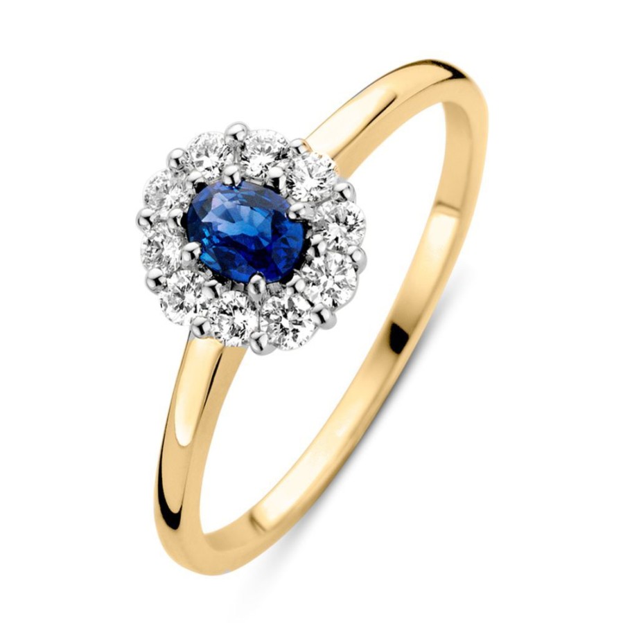 Ringen Excellent Jewelry | Ring Geelgoud Briljant + Saffier