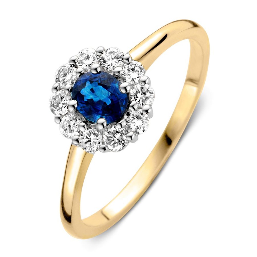 Ringen Excellent Jewelry | Ring Geelgoud Briljant + Saffier